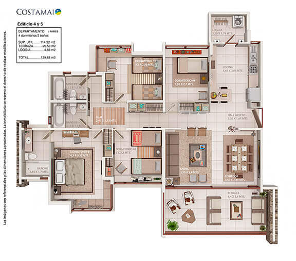 Imagen del plano de un departamento de 4 Dormitorios y 3 Baños de 139,68 m2