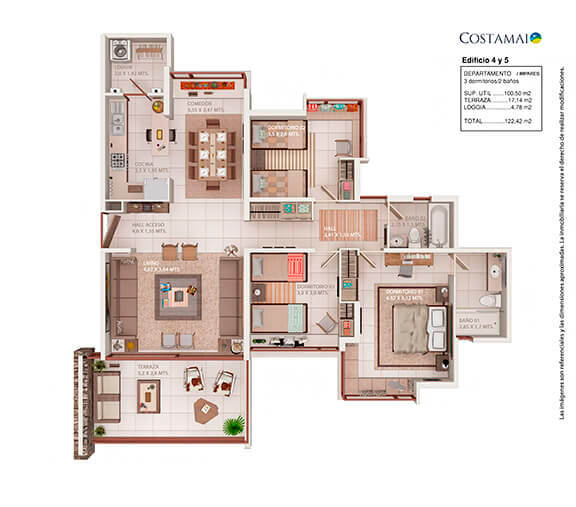Imagen del plano de un departamento de 3 Dormitorios y 2 Baños de 122,42 m2